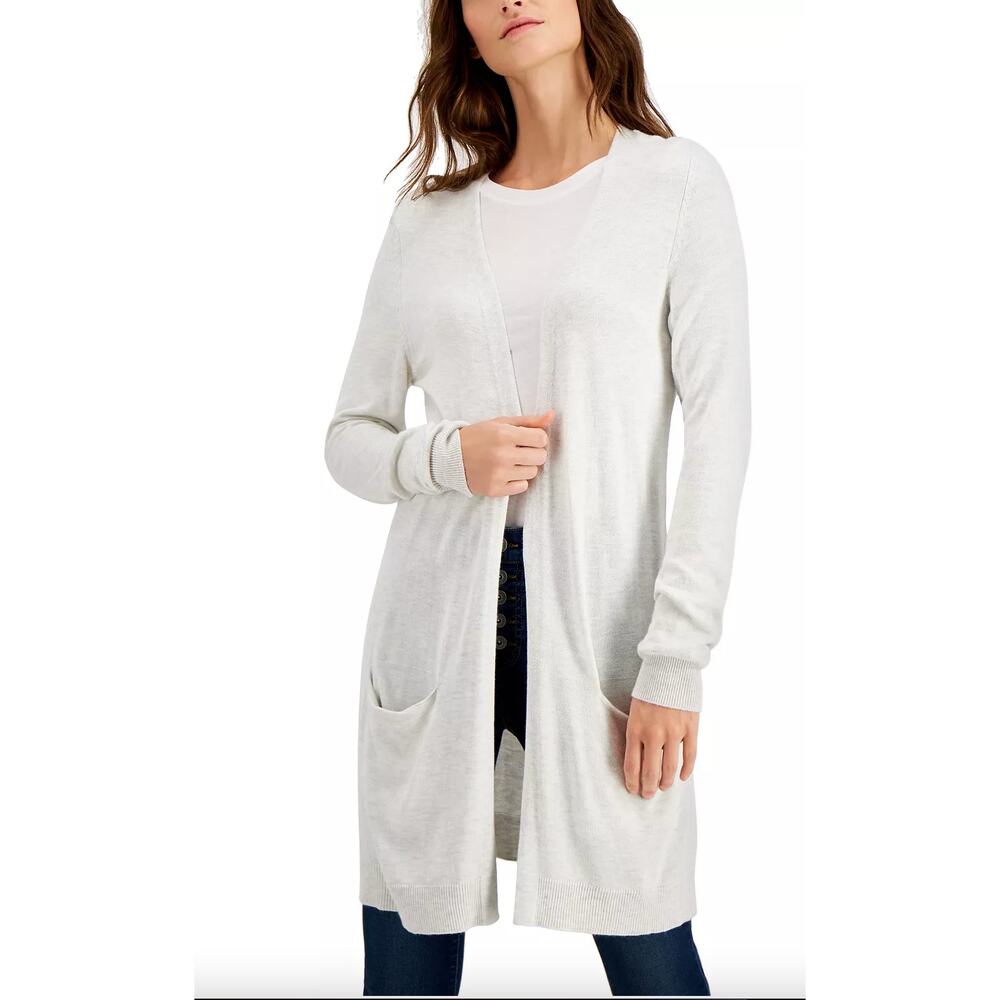 Style & Co Light Gray Knit Open Front Cozy Casual Cardigan Patch Pockets XS New
